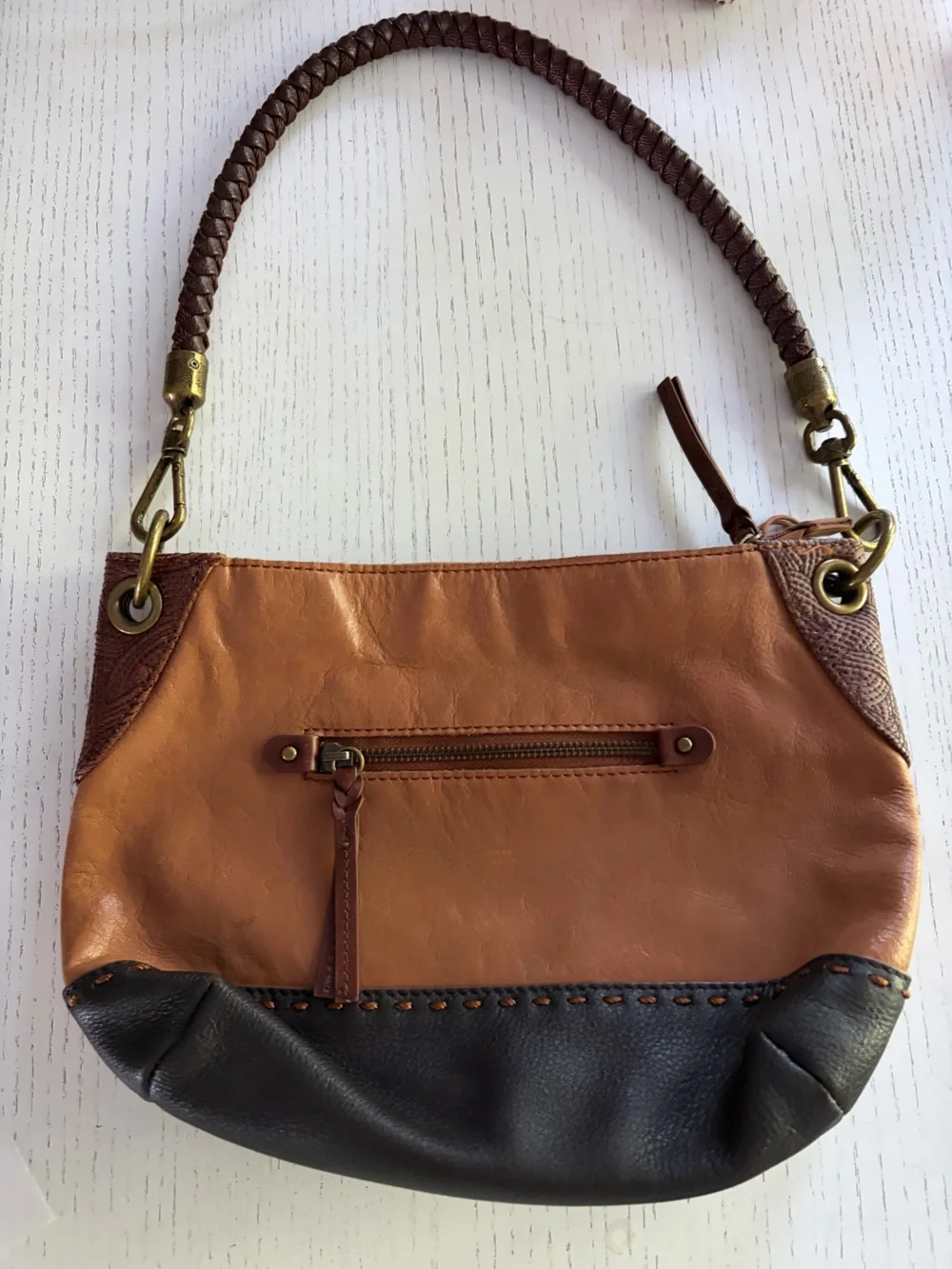 The Sak Two-Tone Tan and Dark Brown Leather Satchel